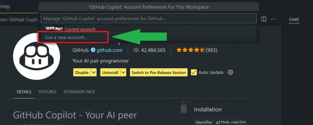 Switch GitHub Copilot account in VS Code